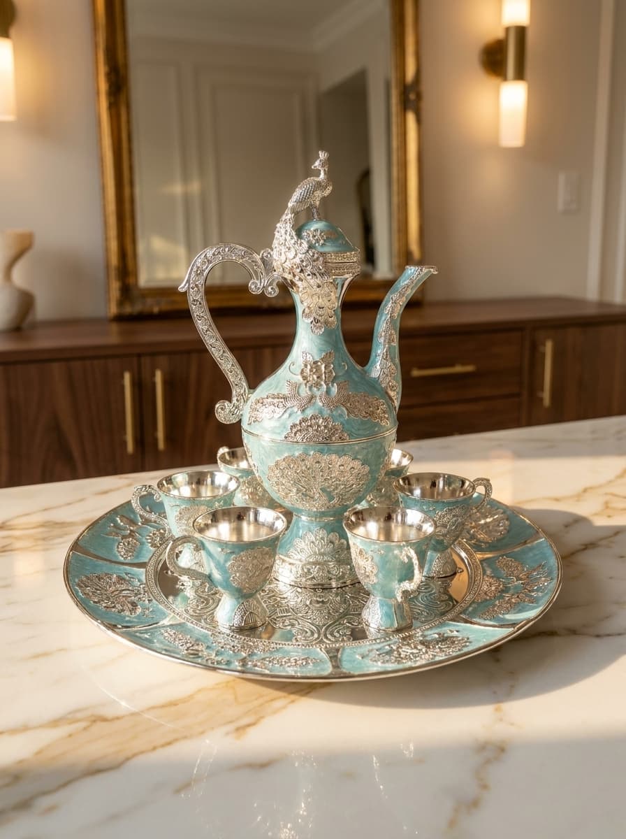 German silver peacock hospitality and serving tea set