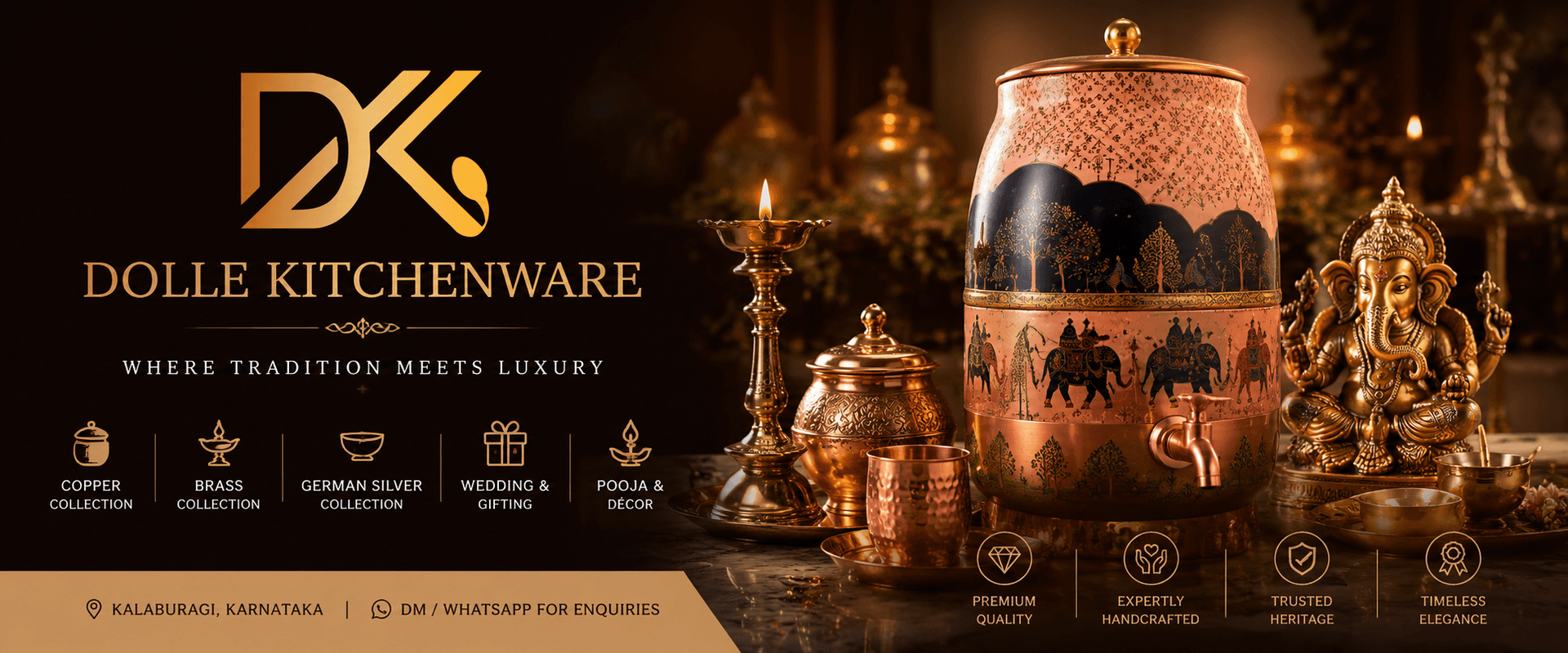 Dolle Kitchenware — Premium Heritage Collections Dolle Kitchenware premium collections banner showcasing handcrafted brass, copper, and German silver kitchenware range in Kalaburagi
