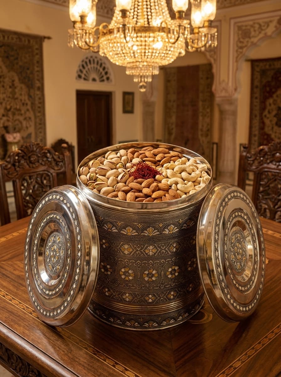Heritage brass dry fruit box — Dolle Kitchenware Artisanal heritage dry fruit presentation box with brass motifs from Dolle Kitchenware Kalaburagi