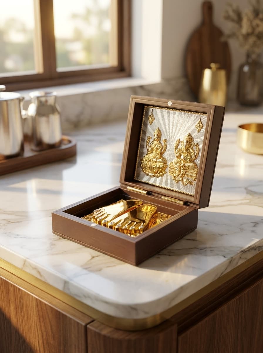 Lakshmi Ganesha Charan Paduka wooden and brass gift box