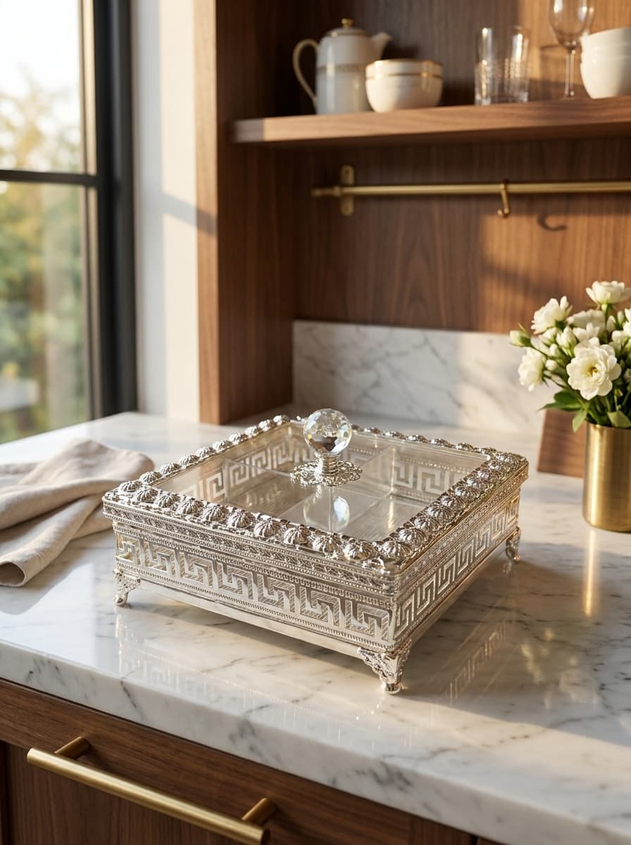 Royal silver-plated dry fruit presentation box